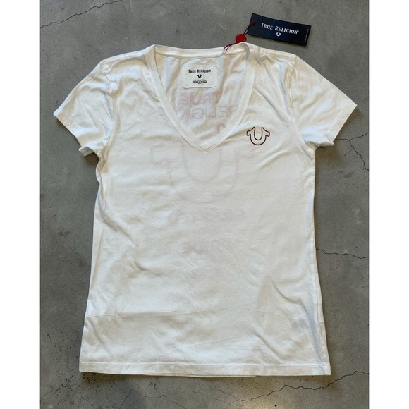 True Religion Tops - TRUE RELIGION Women's White Small Crystal Horseshoe Logo V-Neck Tee NWT